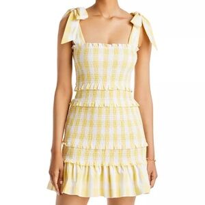 Aqua Gingham smocked Yellow Plaid Mini Dress with Bow Straps